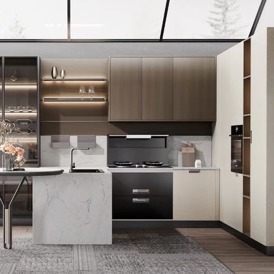 Buen precio Los armarios de cocina abiertos de madera modernos del hotel fijan el contador del cuarzo en línea