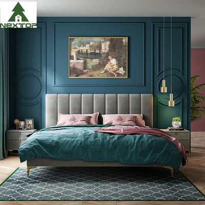 Tamaño personalizado Cama doble de madera Plataforma de la reina de tamaño real Cama de tela Muebles de dormitorio de hotel