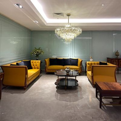 Muebles de vestíbulo de hotel de época marco de madera Chesterfield Villa de cuero sofá conjunto