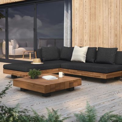 Sofá exterior de tejido seccional de forma L cama con marco de madera para el patio del techo